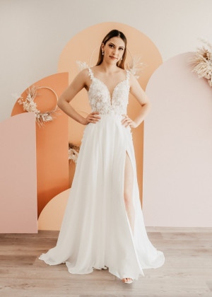 Beaded Ivory Lace Chiffon Slit Flowing Dreamy Wedding Dress